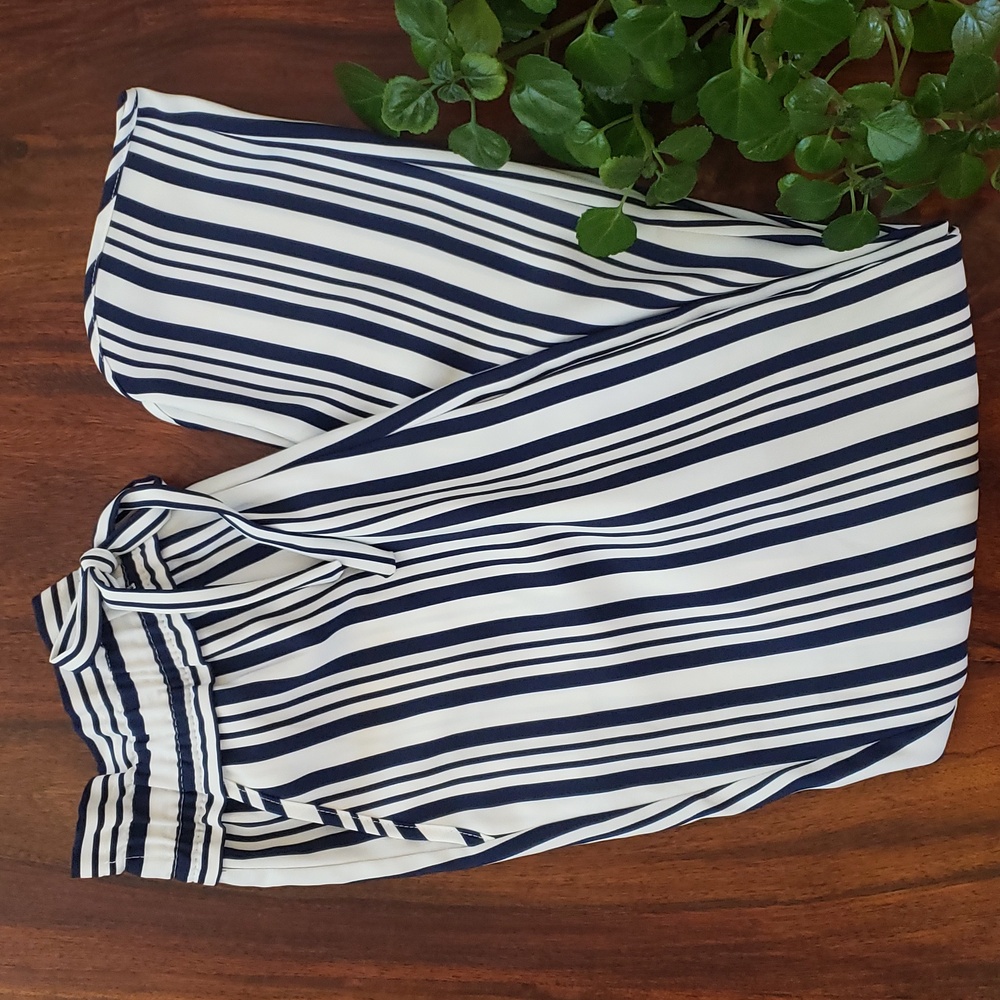 ZARA TRF Striped Paperbag Waist Pants Navy White Drawstring Crop XS - Picture 3 of 12
